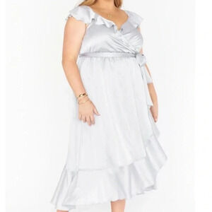 NWT Show Me Your Mumu Samantha Ruffle Wrap Dress Silver Luxe Satin Size 3X